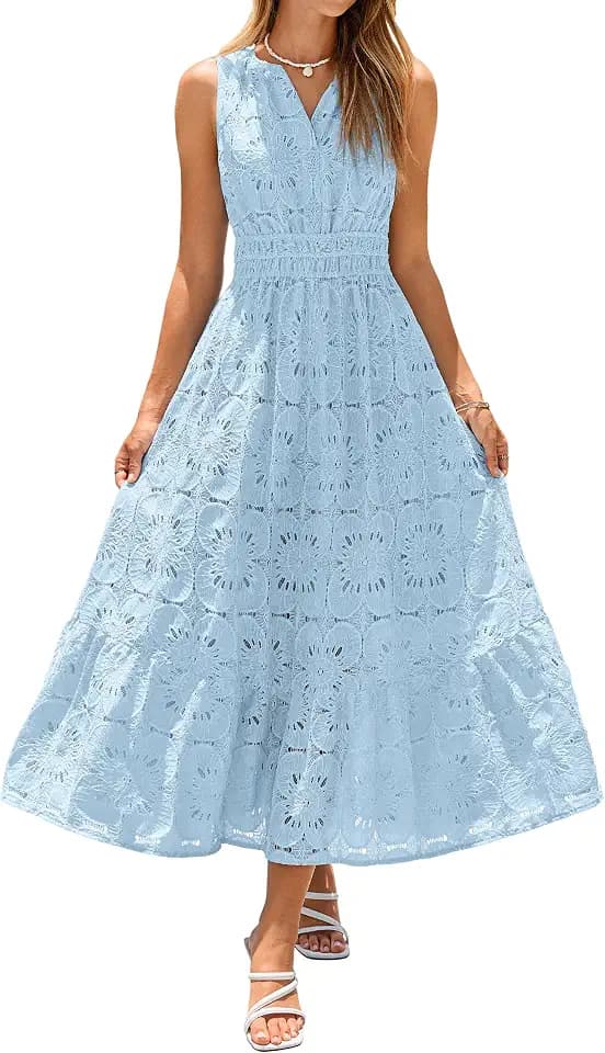 Simplee Women Summer Sleeveless Eyelet Maxi Dress 2026 Lace Casual V Neck A Line Boho Flowy Beach Wedding Guest Long Dresses