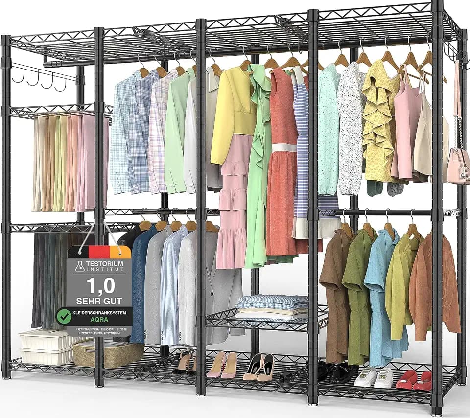 AQRA Schwerlast Offener Kleiderschrank, Metall-Kleiderständer, Schwarz | 600kg Belastbarkeit, 193,5cm*43,5cm*195cm, 3 Hosenhalter, 8 Seitenhaken Und 4 Montagearten für Flexible Kleideraufbewahrung
