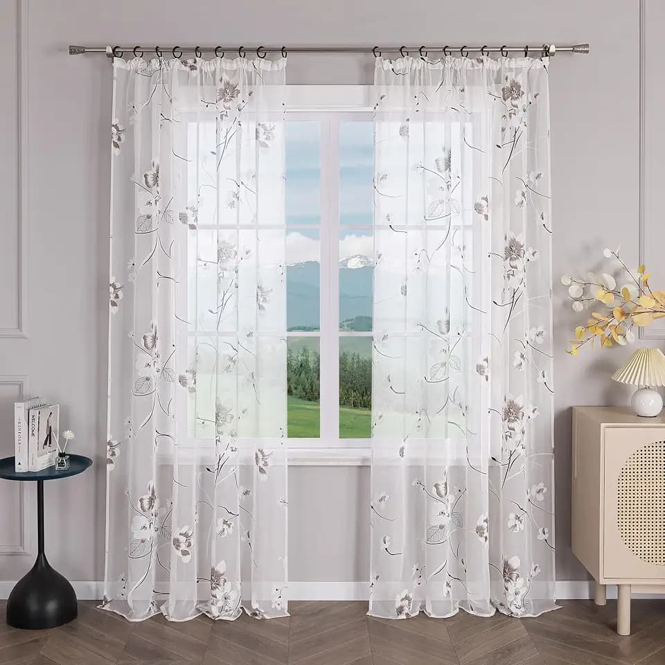 Delien Voile Ausbrenner Gardine mit Kräuselband Blumen B140 x H245 cm, Weiß