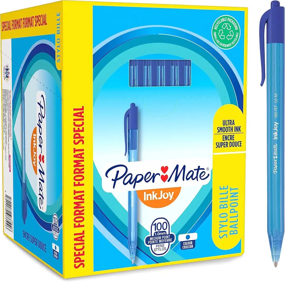 Paper Mate InkJoy 100RT Retractable Kugelschreiber | mittlere Spitze (1,0 mm) | Blau | 100 Stück
