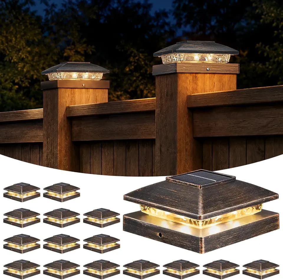 APONUO Solar Post Cap Lights for 4x4 Posts - IP64 Waterproof, Warm White, Wireless Fence Lights & Deck Lights for Patios, Gardens, and Yards, Brushed Copper, 16 Pack