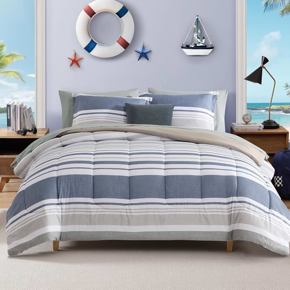 Twin XL Comforter Set Striped Sea Blue 5 Pieces Bed in a Bag for Dorm