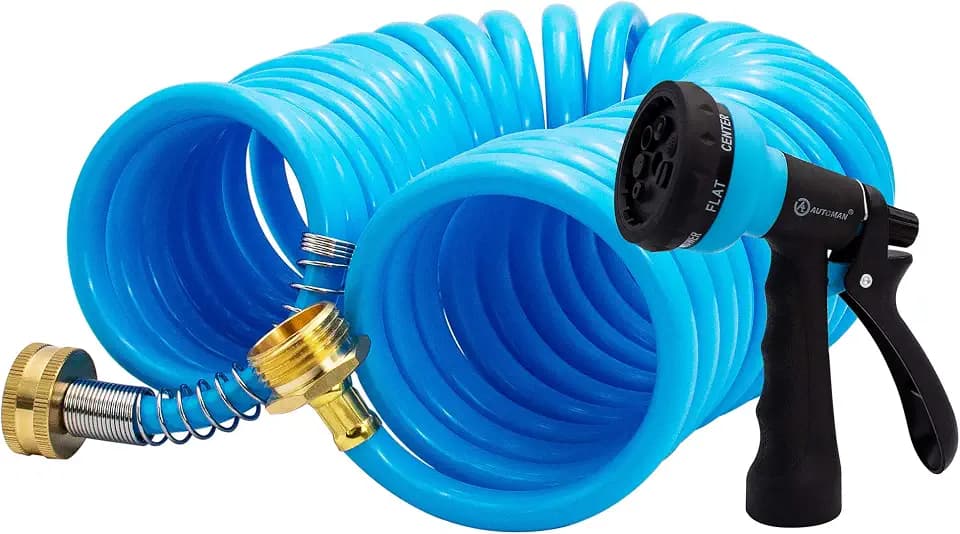 AUTOMAN EVA Recoil Garden Hose 25ft - Includes 7 Pattern Spray Nozzle,Curly Water Hose 25 Foot,Watering Hose Coil,Retractable,Corrosion Resistant Garden Coil Hose.Blue