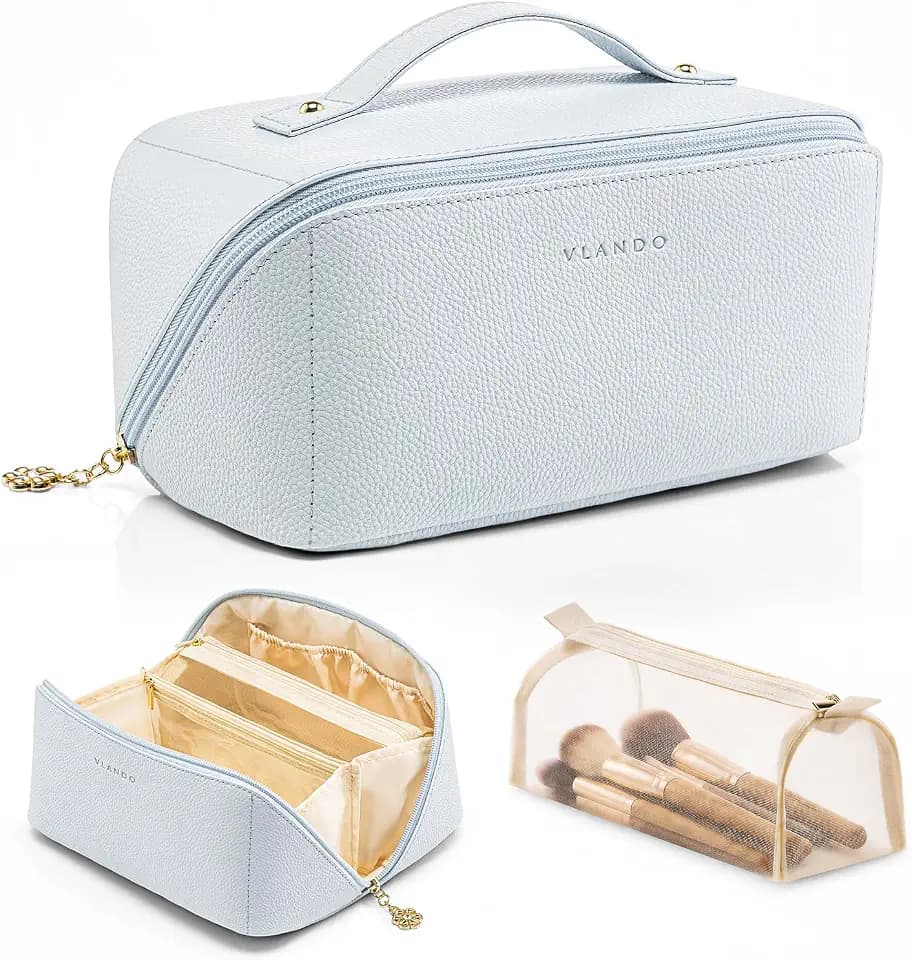VLANDO Makeup Travel Bag,Women Travel Toiletry Case,Carry Handle,Baby Blue