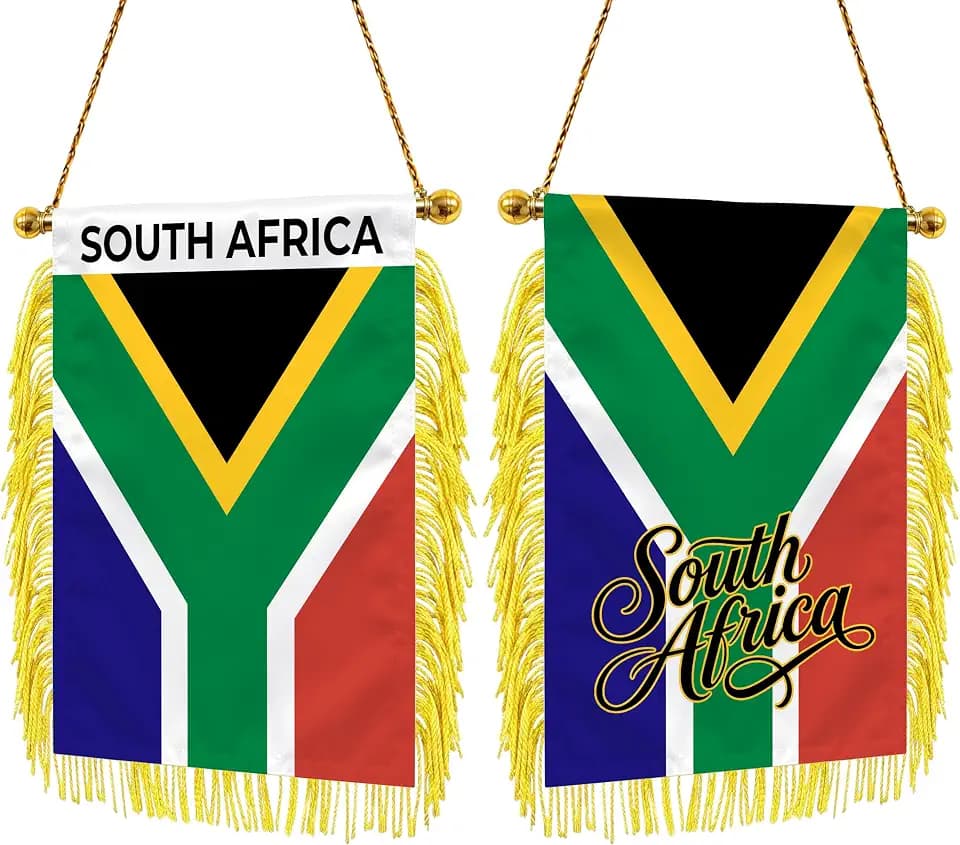 4 x 6 Inch South Africa Flag Banner, Mini Small Double Sided Hanging South African Flag with Suction Cup for Car Rearview Mirror Window Wall Door Decor with Fringed Tassel