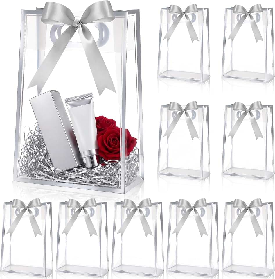 Aliceset 12 Pcs Clear Plastic Gift Bag with Handles,Silver Foil