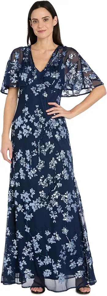 R&M Richards Women's Long Beaded Floral Gown W/Sheer Capelet & Flutter Sleeves - Cocktail Party Evening Style