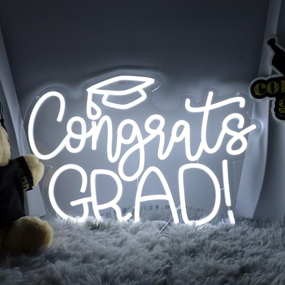 Congrats Grad Neon Sign - 11.3 * 16.7 Inch White Adjustable LED Graduation Decorations for Class of 2026 Party Room Dorm Backdrop Celebration Gifts Graduation Gift