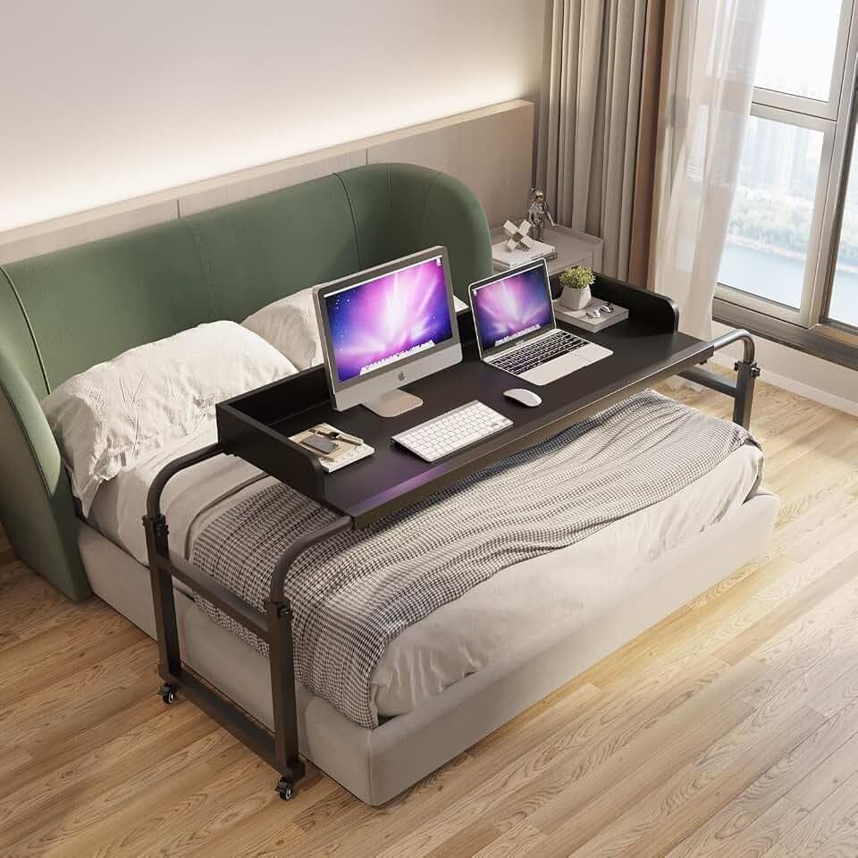 LINGMI Betttisch mit Rollen, Betttisch mit Rollen, höhenverstellbar, Laptop-Tisch, Queen-Size-Bett, Schwarz