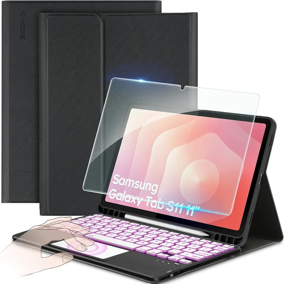 Hülle mit Tastatur für Samsung Galaxy Tab S10 Lite/S10 FE/S9 FE/S9 10.9/11" | 7-Farbige Hintergrund Beleuchtung, Abnehmbare Kabellose [QWERTZ] Tastatur für (2025/2023) mit Stützfunktion, Schwarz