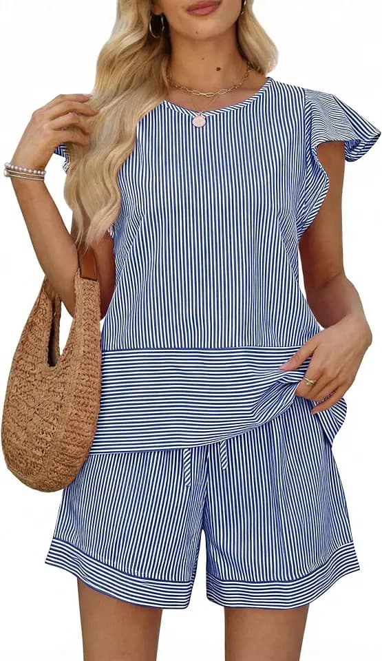 Women's 2 Piece Summer Shorts Set Cotton Ruffle Sleeve Top Casual Outfit