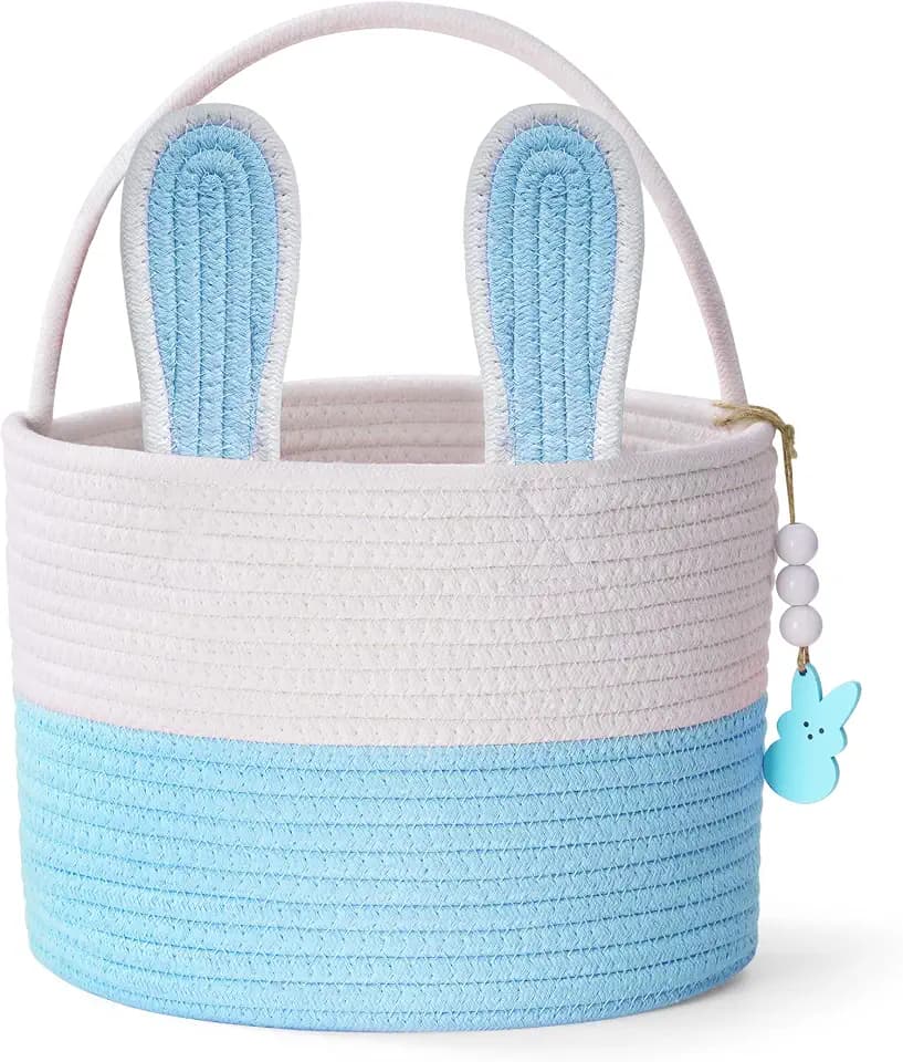 Easter Baskets, Blue Large Personalized Bunny Easter Basket Empty with Handle, Basket Tags, Woven Rope Egg Easter Baskets for Boys Girls, Easter Basket Gifts for Boys, 9.8" x 9.8" x 7.9"