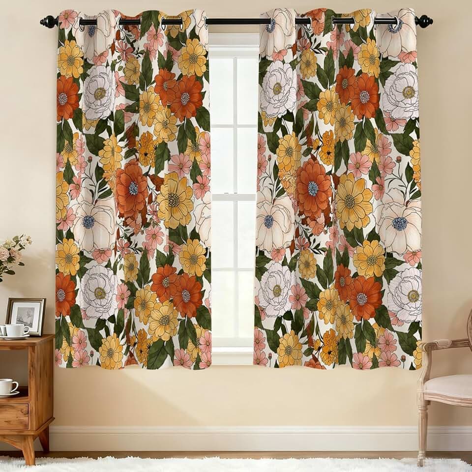 Boho Floral Light Filtering Curtains for Bedroom 63In Long 2 Panels, Flower Leaves Print Curtains for Living Room, Patterned Decorative Curtain, Modern Flower Window Drapes Decorate for Spring