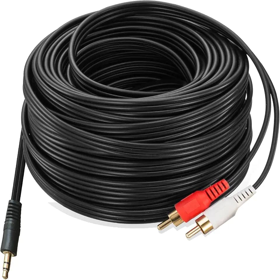 50 Ft 3.5mm to 2RCA Audio Cable, Heavy-Duty Dual Shielded Aux to RCA Stereo Cord for Cleaner Audio Transmission, Compatible with Home Theater, Receiver, Amplifier, TV, and Speaker Systems