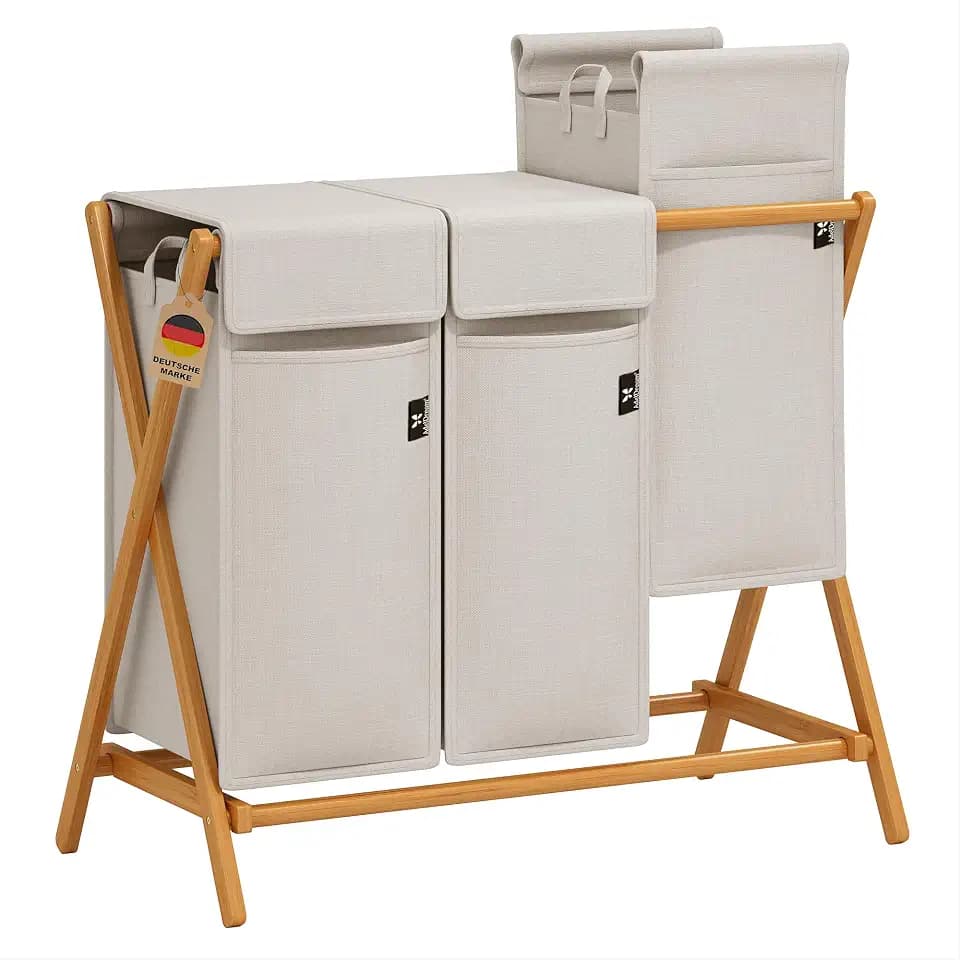 AdelDream Wäschekorb 150L, 3 Fächer Wäschesammler, X-Gestell, Bambus