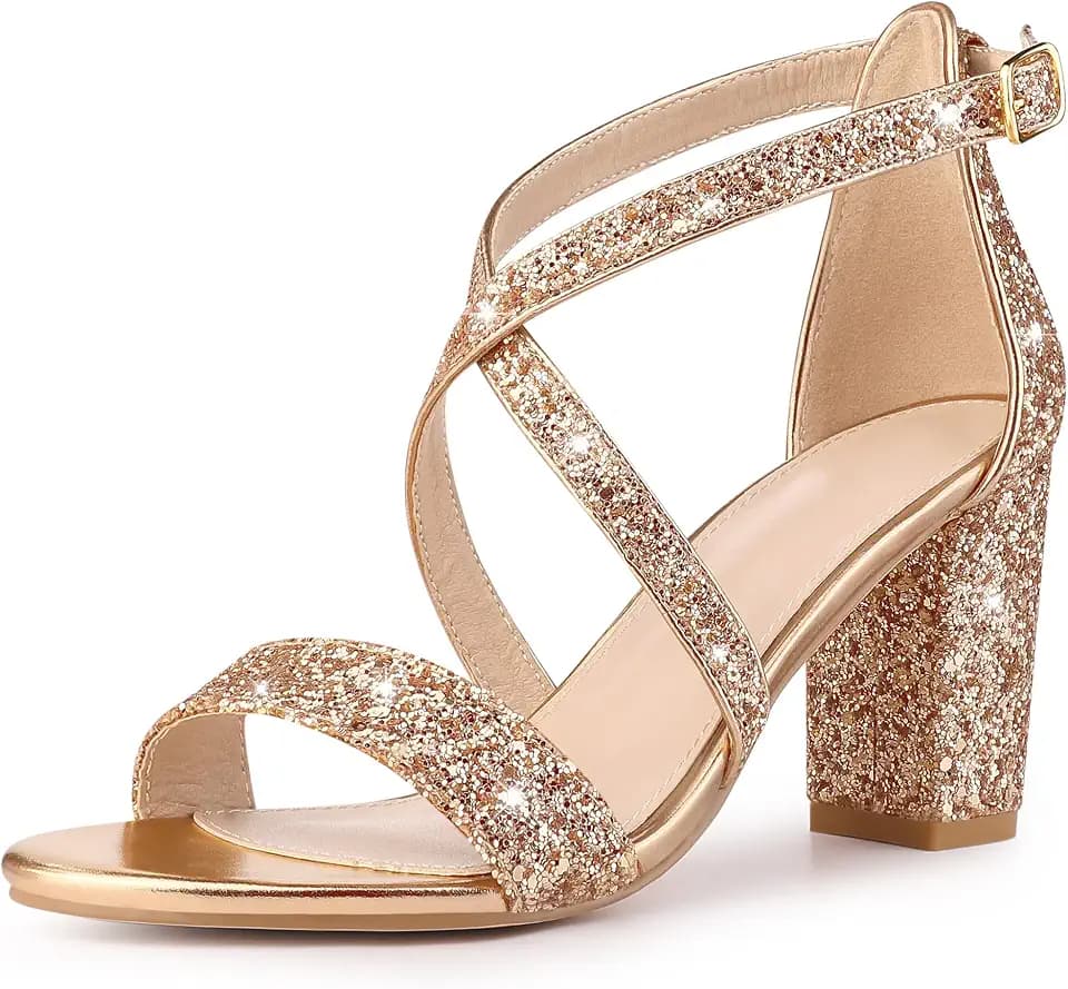Perphy Glitzernde Pumps für Damen, überkreuzte Riemen, klobiger Absatz