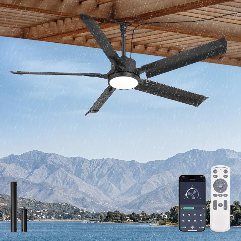 56" Outdoor Ceiling Fan with Lights IP65 Waterproof Plug in Black
