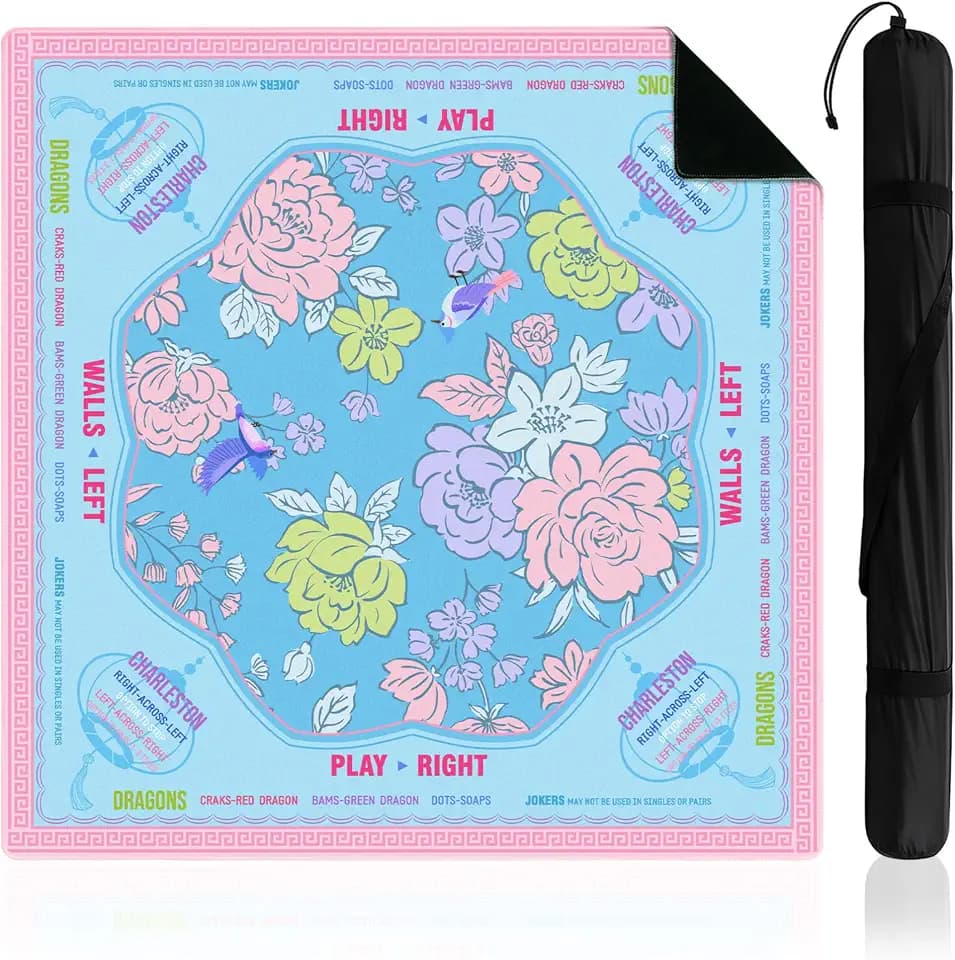 Soulchen Blue and Pink Flower American Mahjong Mat for Table with Rules