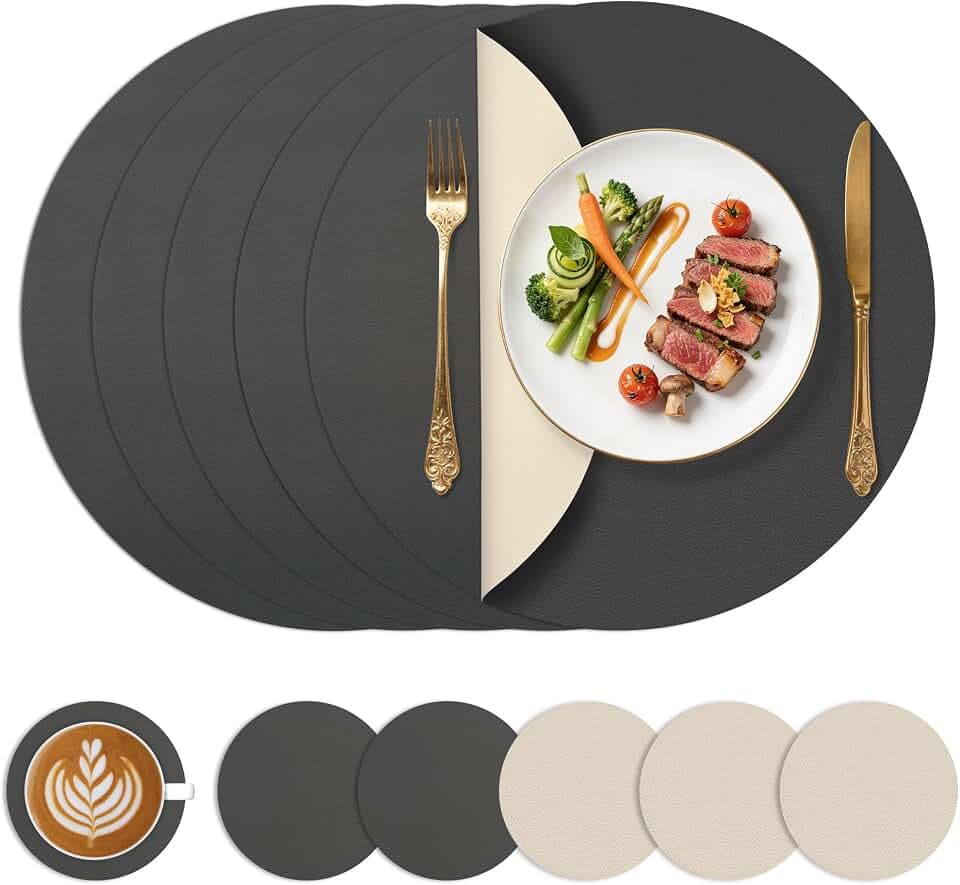 KitchenBoss Platzdeckchen Abwaschbar Platzsets Ø 38cm, 6er Rund Tischset Lederoptik mit Untersetzer Hitzebeständig Doppelseitigen Wasserdicht, Anthrazitgrau + Beige