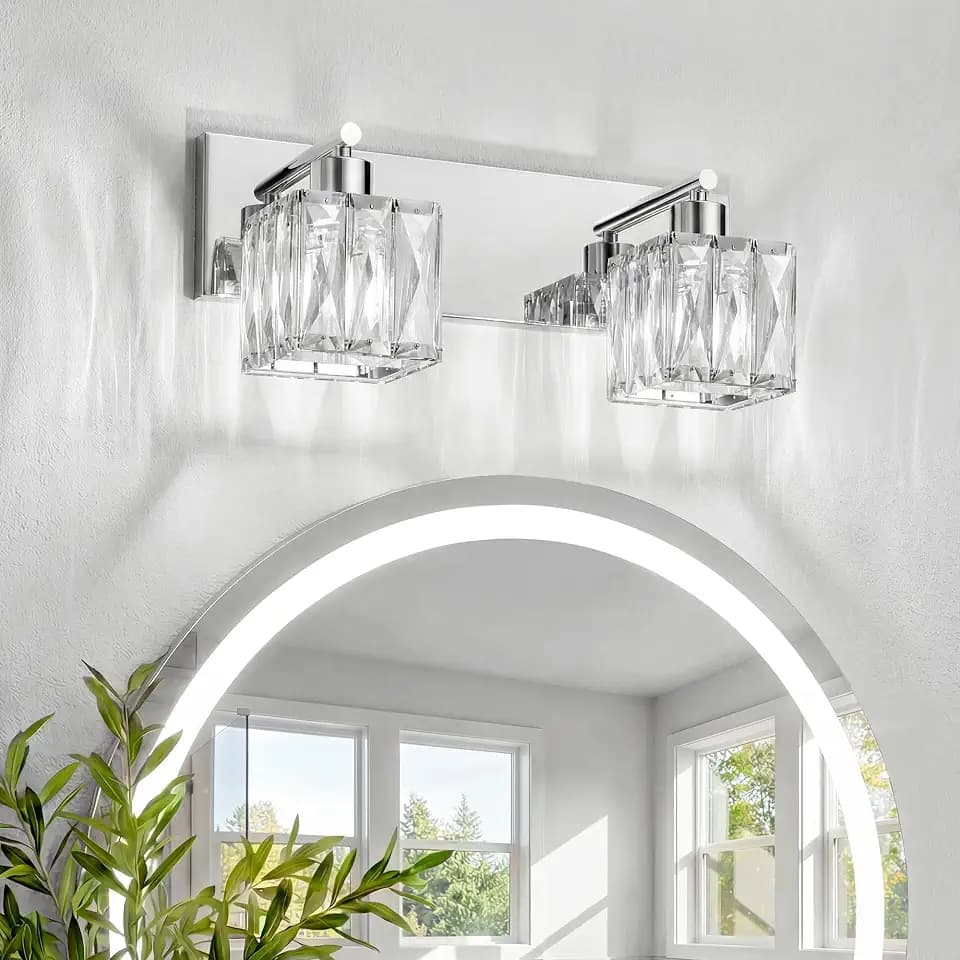 VOLISUN Chrome Bathroom Light Fixtures, Modern Stainless Steel Bathroom Lighting Fixtures Over Mirror, 2 Light Bathrooms Vanity Light, Crystal Vanity Light for Bathrooms-UL Certificated(Exclude Bulb)