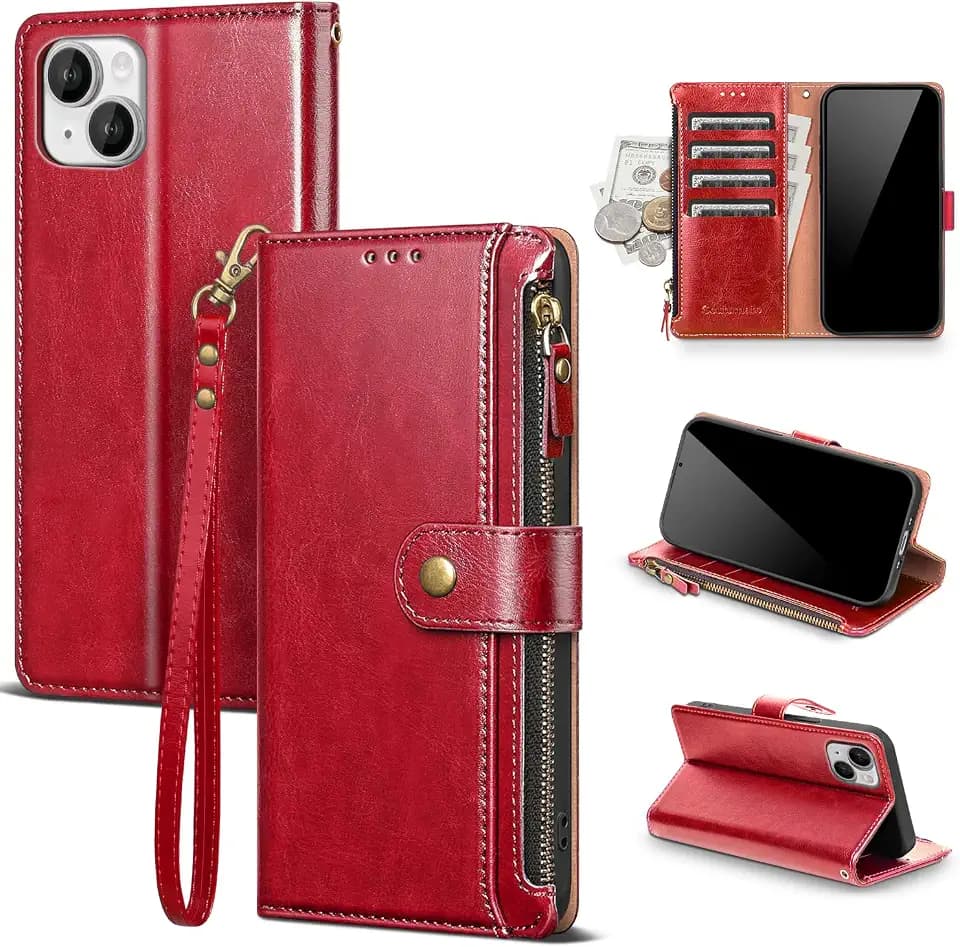 for iPhone 13 Wallet Case with Card Holder,Red