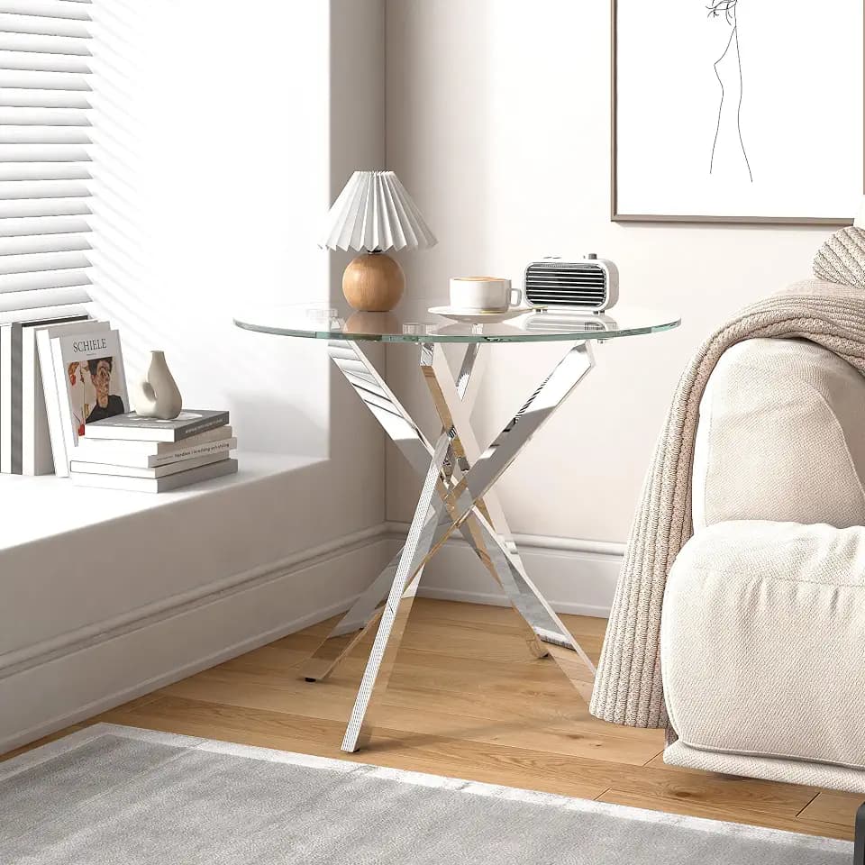GOLDFAN Beistelltisch aus Glas mit Chrombeinen für Wohnzimmer, 50 cm, runder Beistelltisch für Couch, modern, zeitgenössischer Nachttisch für Schlafzimmer