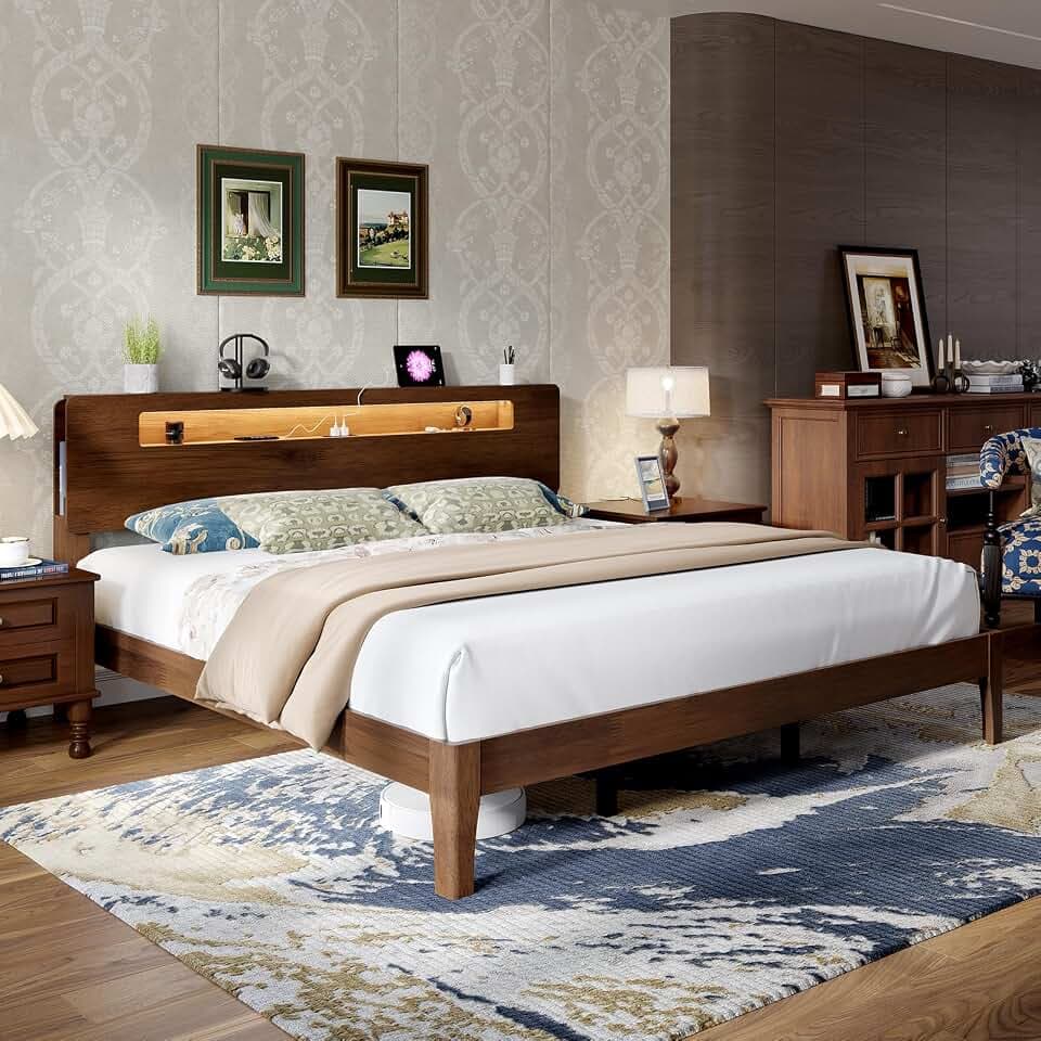 Novilla King Bed Frame with Storage Headboard, Charger & LED, Walnut Finish