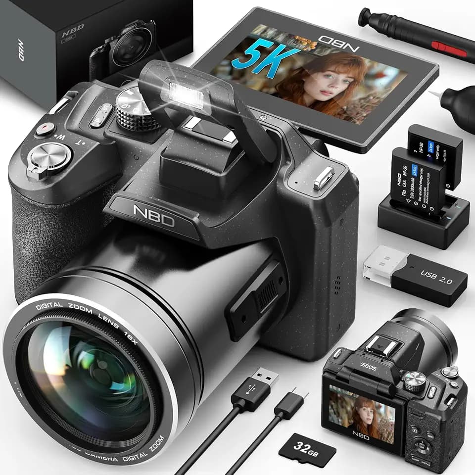 64MP 5K Professional Digital Cameras for Photography, 3” 180° Flip Screen WiFi, Autofocus Vlogging Camera for YouTube Live Streaming, 16X Digital Zoom Anti-Shake with SD Card & 2 Batteries (Black)