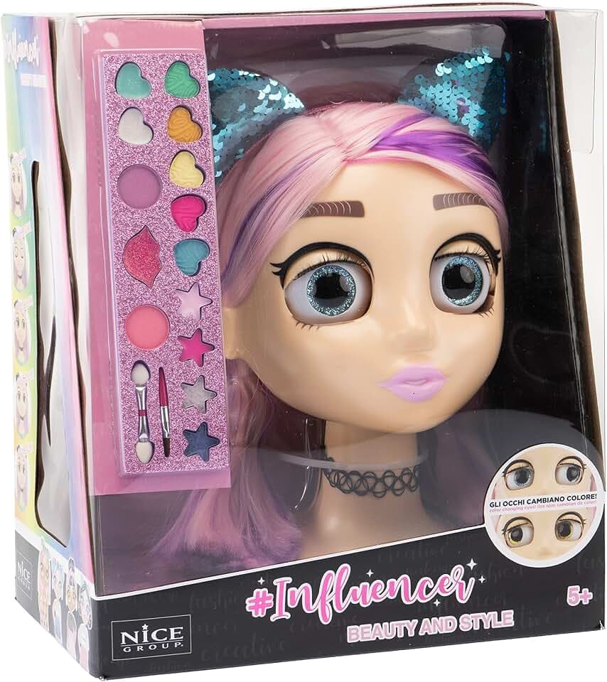 Nice Group - Influencer Make Up Puppe, Make-up-Kopf und Kamm mit Augen, Farbwechsel, für Mädchen, Mehrfarbig, Einheitsgröße, 92049