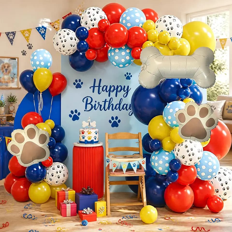 Paw Themed Dog Balloon Arch Red Yellow Blue Balloons Different Sizes Assorted Color Dog Bone Baloons Garland for Baby Shower Puppy Party Lets Pawty Birthday Decorations