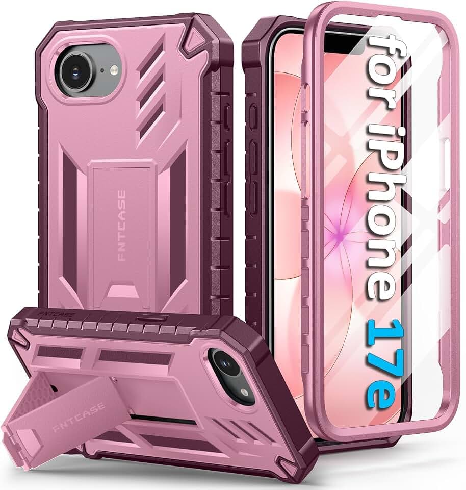 FNTCASE for iPhone 17e Case with Built-in Screen Protector and Kickstand