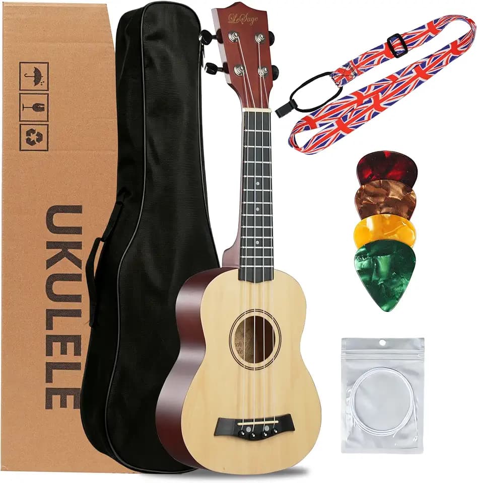 LeSage Soprano Ukulele Starter Kit, 21 Inch Basswood Hawaiian Uke with Gig Bag, Strap, Nylon Strings, Picks, Beginner Student Adult Musical Gift (Natural)