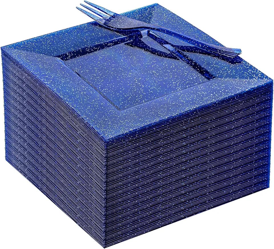 DaYammi 100Pcs Blue Dessert Plates 6" with Forks 5.7"- Small Disposable Dessert Plates- Serve 50 Guests include 50 Cake plates,50 Plastic Forks for Party,Disposable Appetizer plates for Wedding