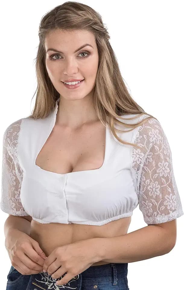 Schöneberger Trachten Couture Elegante Dirndlbluse Wiesnklee - Damen Dirndl Bluse mit edler Knopfleiste und Stehkragen - Ärmel aus Spitze und transparent