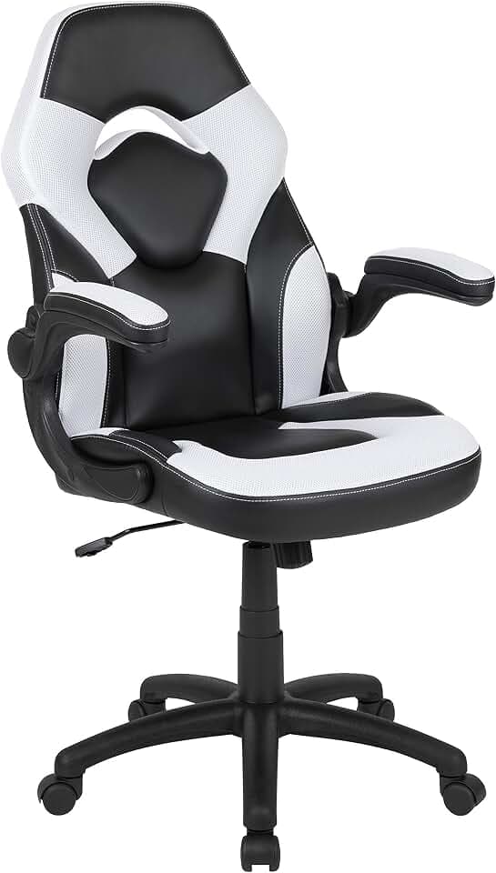 Flash Furniture X10 Gaming-Stuhl, ergonomischer Bürostuhl für PC- und Gaming-Setups, verstellbarer Gamer-Stuhl mit Rückenunterstützung, LeatherSoft, Weiß/Schwarz