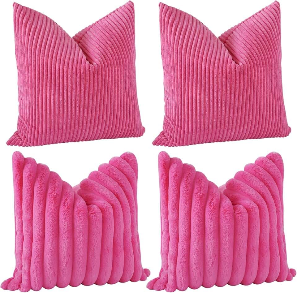 JOTOM Dekokissen Kissenbezüge 45x45cm 4er Set Soft Kissenhülle Einfarbig Streifen Kissenbezug für Sofa Büro Couch Schlafzimmer Bett (45x45cm, Heißes Rosa)