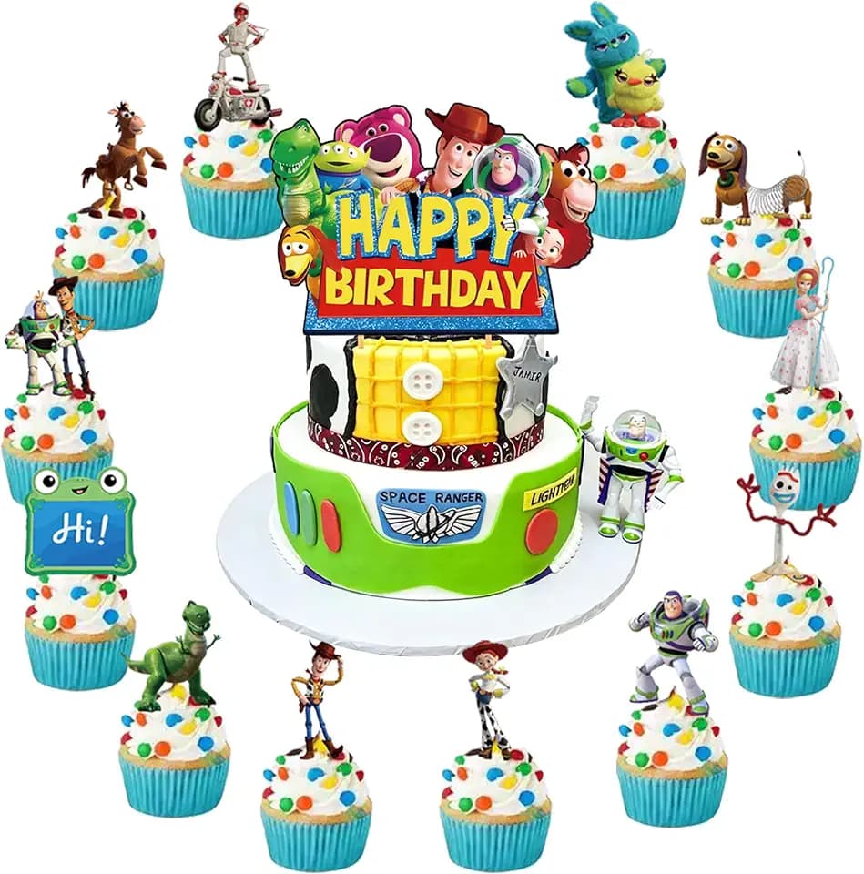 For Toy Movie Story 5 Birthday Cake Topper, Cute Cartoon Cake Decorations Include 1Pcs Happy Birthday Cake Topper and 12Pcs Cupcake Topper for Party Decorations (13Pcs)