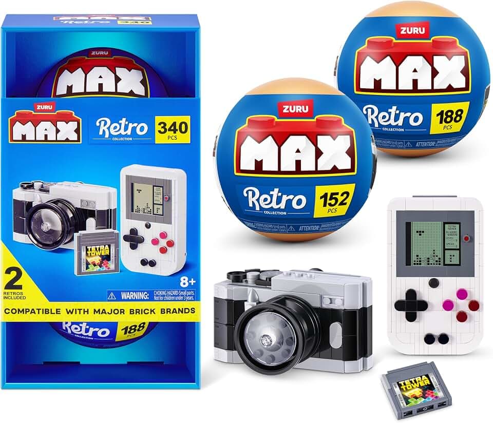 Max Build More Premium Retro Serie 2 (Kamera & Handheld-Spielkonsole) von ZURU – Unboxing-Spielzeug & Klemmbausteine Sammelfiguren Minis mit bis zu 340Teilen, 4 Retro Designs zum Bauen & Ausstellen