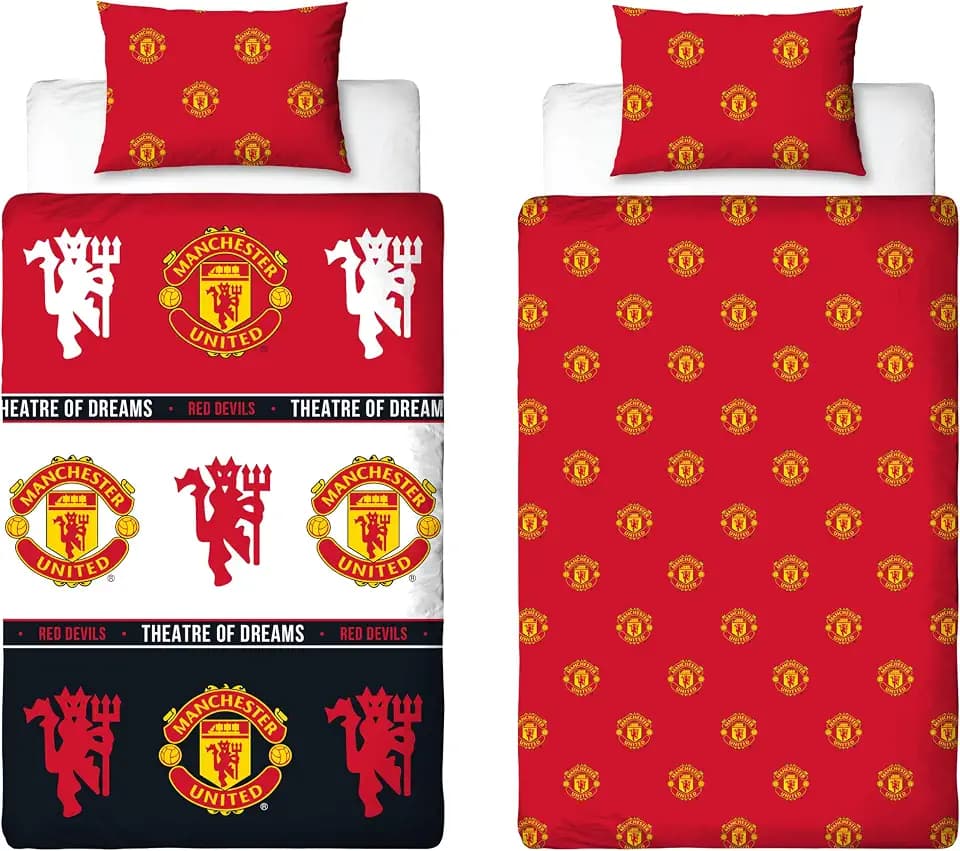 Offizielles Einzelbettbezug-Set von Manchester United FC, Patch-Design | Roter, wendbarer, zweiseitiger Fußball-Bettbezug, offizielles Merchandise, inklusive passendem Kissenbezug