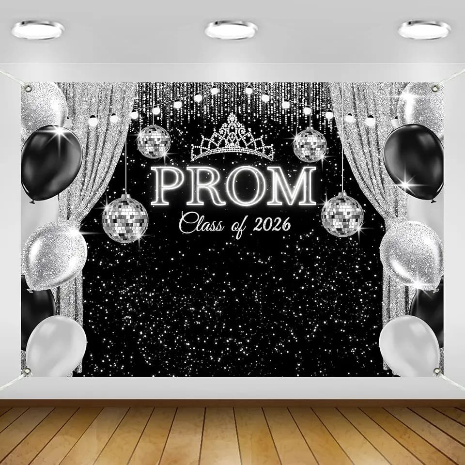 Black and Silver Prom Backdrop 2026 8×6Ft Black Silver Glitter Prom Backdrops for Photoshoot Neon Light Ball Send Off Graduation Banner for Class Off 2026 Party Decorations 96×72inch
