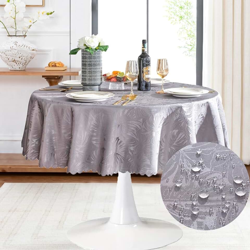 Jacquard Round Tablecloth 60 Inch Grey Table cloth Leaves Pattern Scalloped Edge Silky Soft Waterproof Wrinkle Resistant Washable Table Cover for Dining Tabletop Party Banquet Patio Decoration
