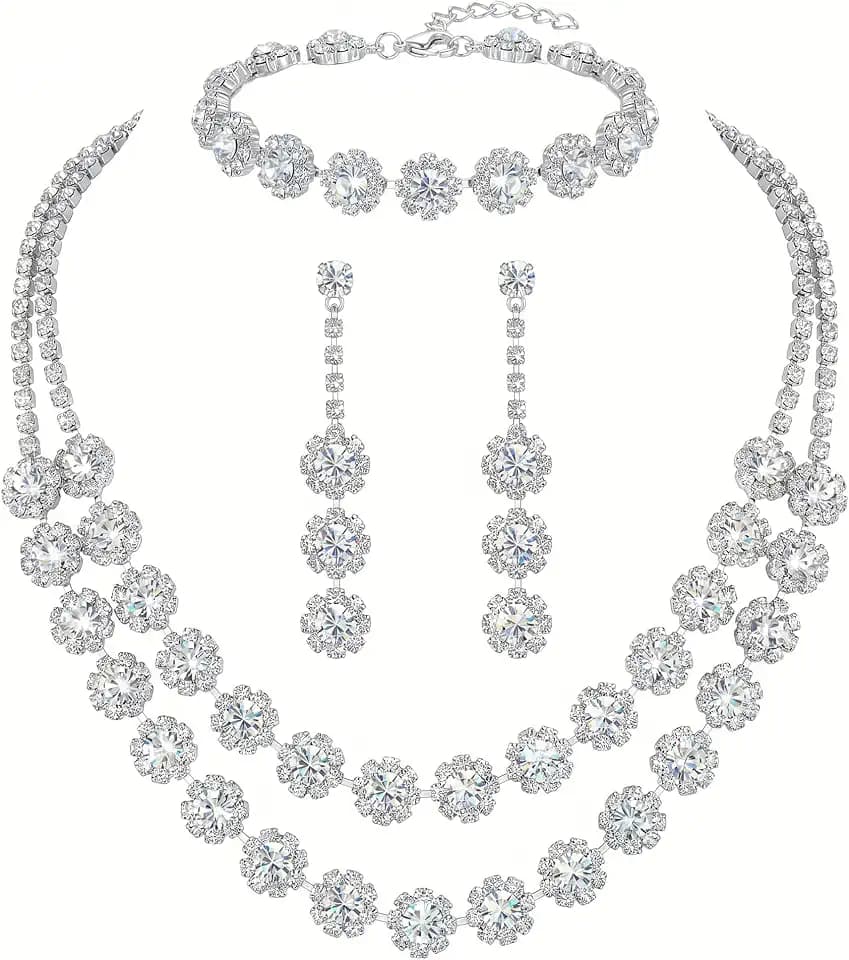 Rhinestone Bridal Wedding Jewelry Set，Crystal Necklace Earrings Bracelet Sets Formal Costume Jewelry for Women and Brides