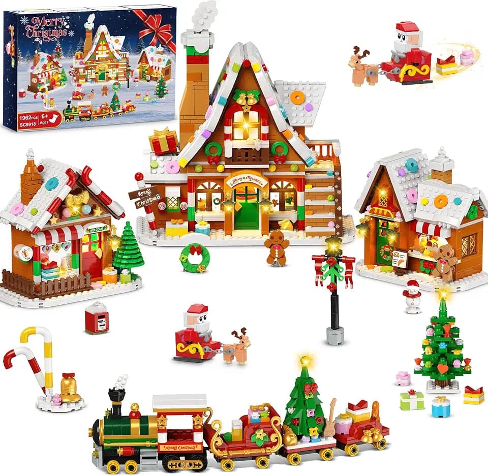 PLAXSOON Gingerbread House Christmas Village Mini Building Set with Lights