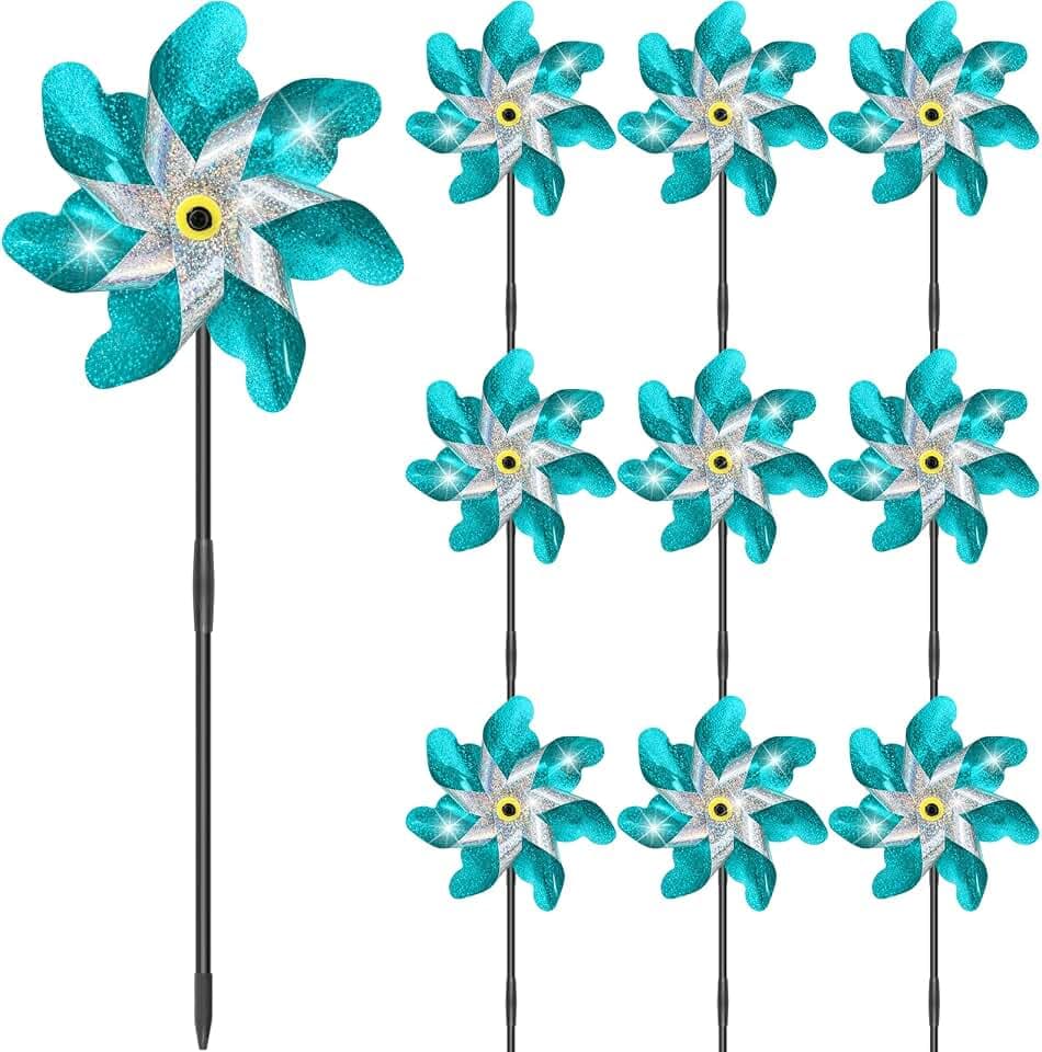 10 Pack Pre-Assembled Reflective Rainbow Pinwheels(Blue)
