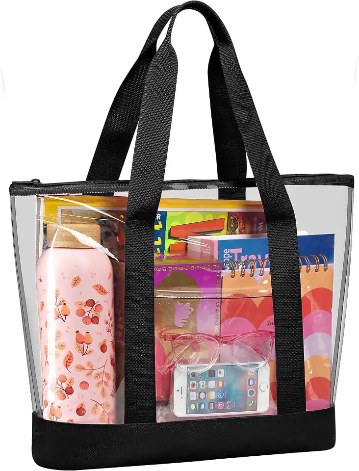 Handy Laundry Clear Tote Bag - Zipper Closure, Long Shoulder Strap, Fabric Trimming.