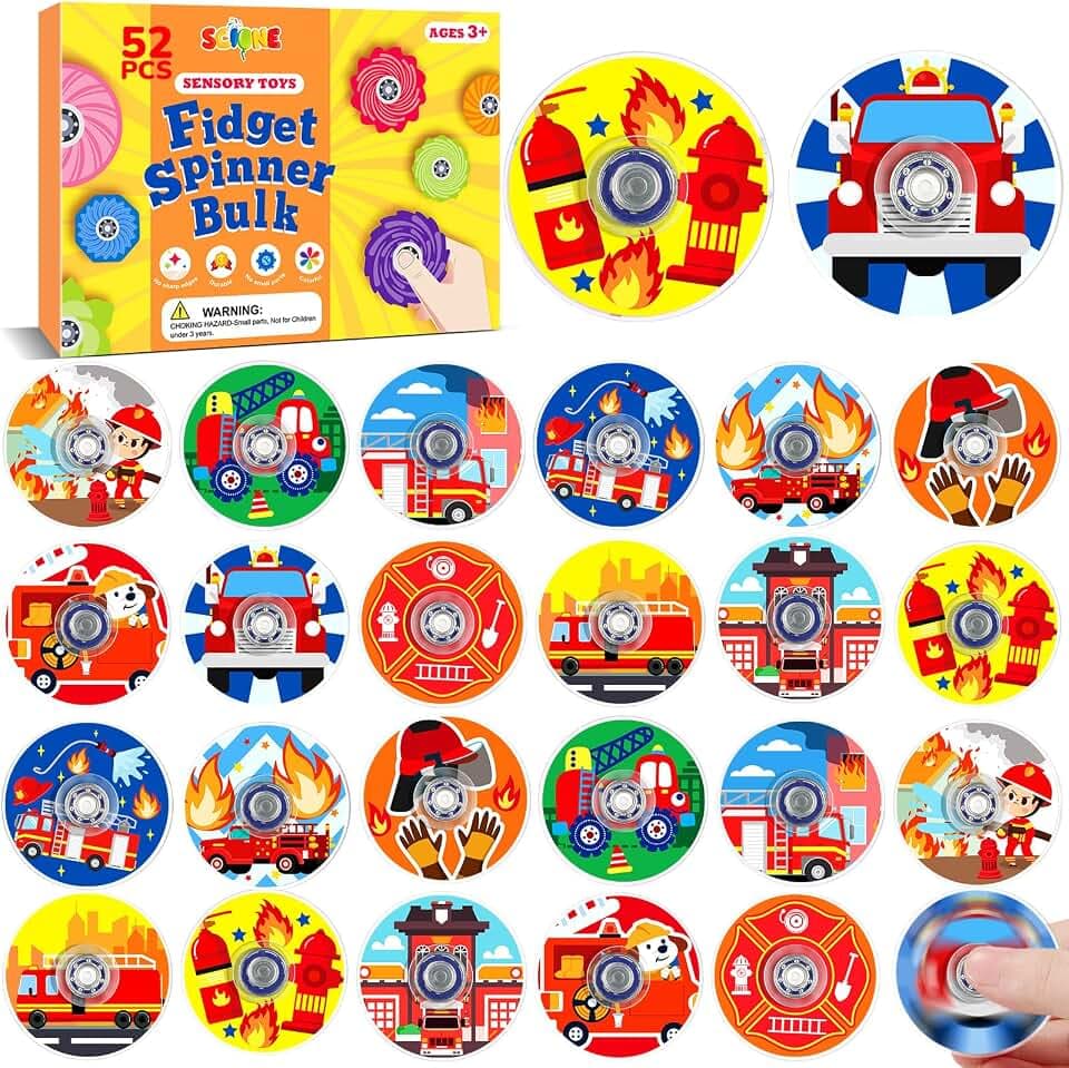 SCIONE 52 Pack Fire Truck Party Favors Fidget Spinner for Kids Birthday, Toddler Firetruck Fidget Spinner Bulk for Classroom Rewards, Goodie Bag Stuffers, Fireman Party Supplies