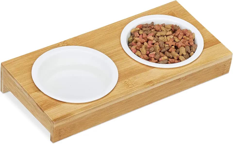 Relaxdays Doppelnapf, Katzen & kleine Hunde, 2 x Keramik Napf, je 200 ml, spülmaschinenfest, Bambus Napfbar, Natur/weiß