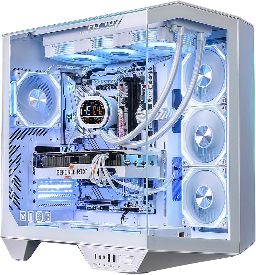 darkFlash Full-Tower ATX Gaming-PC-Gehäuse, Rückseitig Einsteckbares Motherboard, Zwei Kammern, Panorama-Glas, bis zu 2 x 360 mm Radiatoren, RTX 40-Kompatibel (DY470) (4 PWM-ARGB-Lüfter, Weiß)