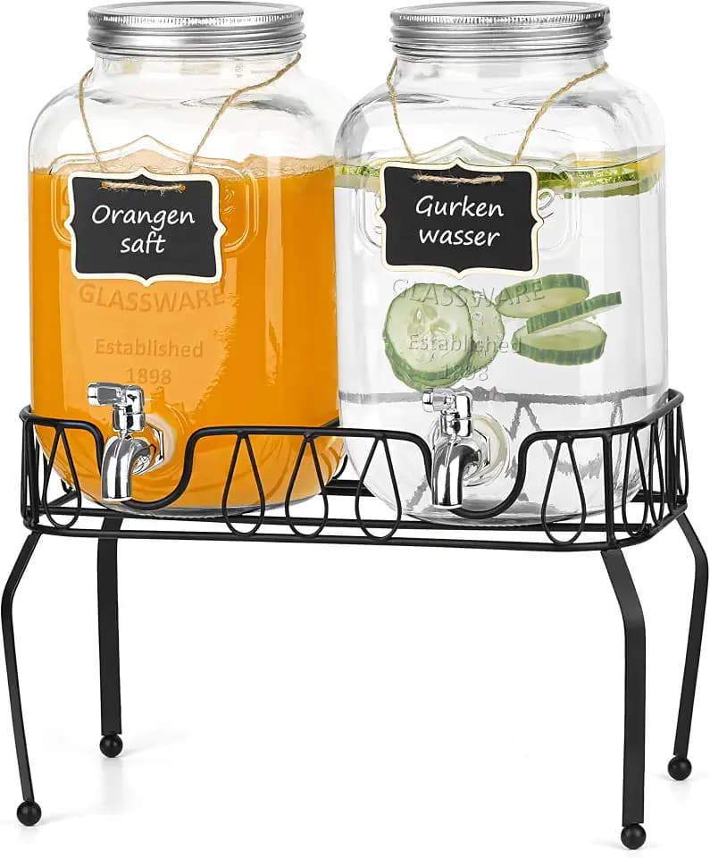 Winter Shore 3,8 L Getränkespender mit Zapfhahn und Ständer [2er-Pack] - Getränkespender Glas, Lebensmittelecht & BPA-Frei - Set aus 2 Eistee-/Saftspender mit Zapfhahn & 2 Holzetiketten für Partys