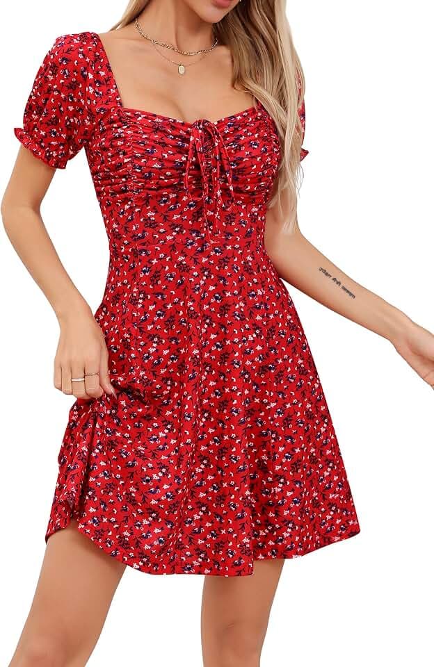 Missufe Damen Freizeitkleid A Linien Blumen Puff Ärmel Sommerkleid Kordelzug Gerafft Kurze Kleider